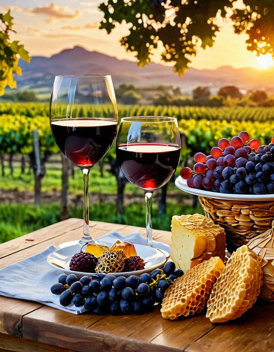 A beautifully arranged wooden table showcasing an elegant wine glass filled with rich red wine beside a small jar of golden honey, both radiating warmth and inviting aura. Surround the main objects with an assortment of honeycomb, grapes, and a soft, textured cloth that adds rustic charm. The background should feature a vineyard landscape basking in sunset hues, creating a serene and joyous atmosphere. vibrant colors. painting.