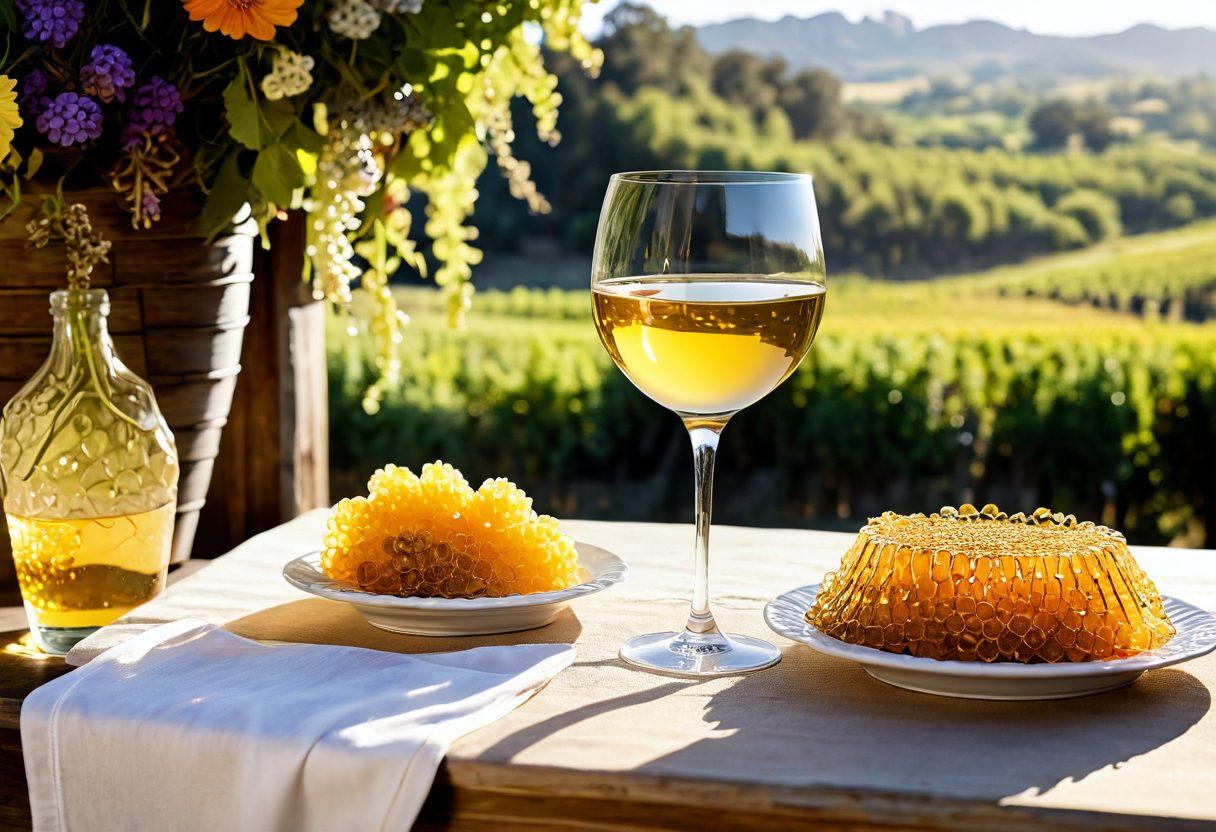 A beautifully arranged table featuring a crystal wine glass overflowing with a golden honey-infused wine, surrounded by delicate honeycombs, lush grapevines, and vibrant wildflowers. Soft sunlight filters through, creating a warm glow, and reveals a scenic vineyard in the background. The atmosphere is inviting, capturing the essence of harmony between wine and honey. super-realistic. vibrant colors.