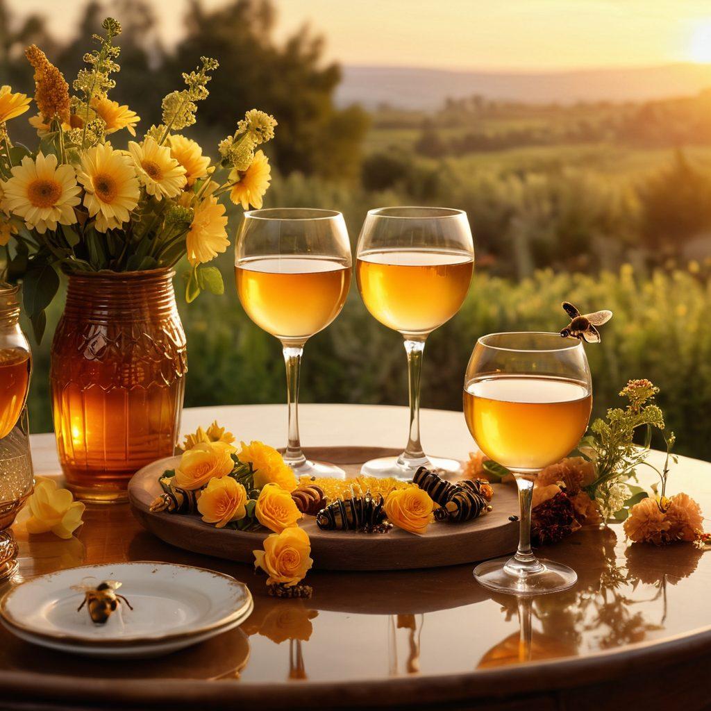 A beautifully arranged table featuring an elegantly designed wine glass filled with golden honey wine, surrounded by a variety of honey jars and bees. Soft candlelight creates a warm ambiance while fresh flowers add a touch of elegance. The background shows a sunset view to enhance the celebratory feel. super-realistic. warm tones. inviting atmosphere.